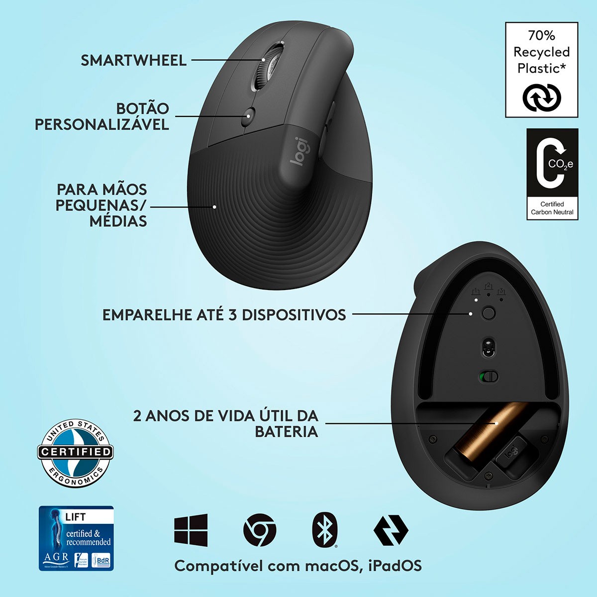 Logitech Lift Vertical Ergonomic Wireless Mouse Left Hand Black