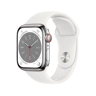 Apple Watch Series 8 GPS + Cellular 41mm Stainless Steel w/ White Sport Band