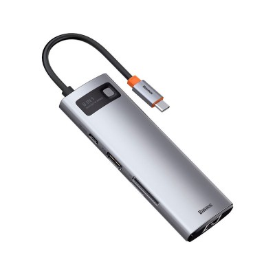 Hub Baseus Metal Gleam USB-C to USB 3.0/USB-C/HDMI/Leitor de Cartões/RJ-45 Grey