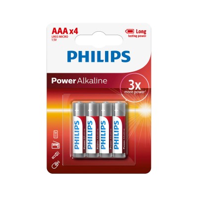 Alkaline Battery Philips Blister Pack 4 AAA/LR03 1.5V (LR03P4B/10)