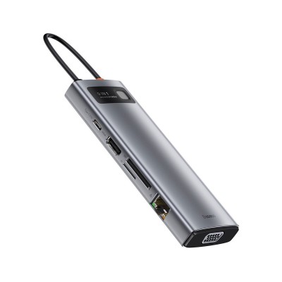 Hub Baseus Metal Gleam USB-C para USB 3.0/HDMI/USB-C/RJ-45/Micro SD/SD/VGA Cinzento