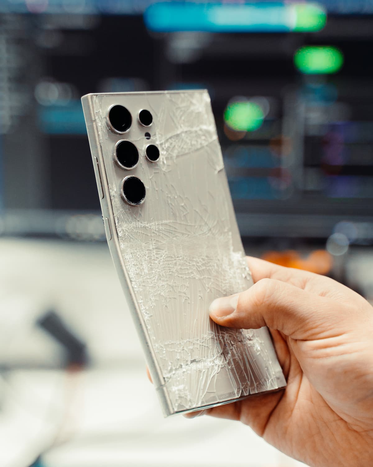 Samsung S24 Ultra completamente partido e dobrado